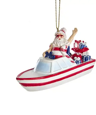 Kurt S. Adler kunststof kerstbal kerstman in speedboot 9cm rood, wit - afbeelding 1