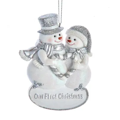 Kurt S. Adler kunststof kerstbal sneeuwpop 'our first christmas' 8cm zilver, wit - afbeelding 1