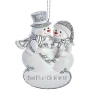 Kurt S. Adler kunststof kerstbal sneeuwpop 'our first christmas' 8cm zilver, wit - afbeelding 1