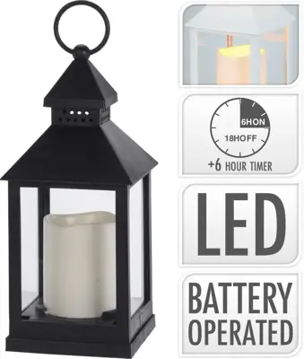 LED lantaarn met kaarsje zwart 10,5 x 23cm - afbeelding 1