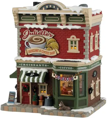 Lemax juliette's croissant & coffee shop verlicht kersthuisje Caddington Village 2024 - afbeelding 1