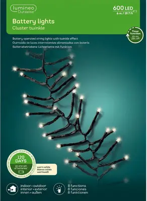 Lumineo Durawise cluster kerstboomverlichting op batterijen 600 LED warm wit 6 meter - afbeelding 3