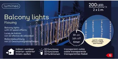 Lumineo kerstverlichting LED balkonverlichting 200 lampjes 2 x 1m, warm wit - afbeelding 1