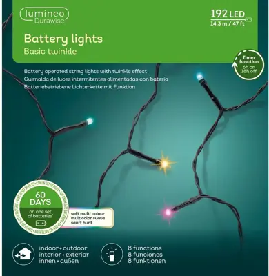 Lumineo kerstverlichting LED Durawise basic twinkle 192 lampjes 14,3m, multicolor - afbeelding 1