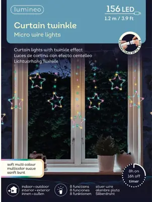 Lumineo kerstverlichting LED twinkelgordijn sterretjes 156 lampjes 1,2m, soft multicolor - afbeelding 2