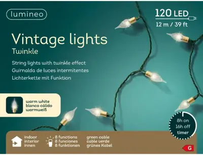 Lumineo kerstverlichting LED Vintage Lights 120 lampjes groen draad 11,9m, warm wit - afbeelding 1