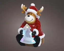 Lumineo LED kerstfiguur polyresin rendier met boompje 15,5cm, multicolor - afbeelding 1