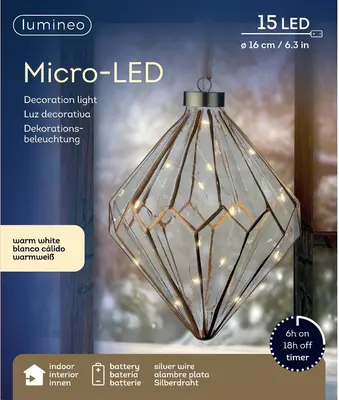 Lumineo Micro LED diamant – Ø 16 x H.20 cm, 15 LED warm wit - afbeelding 3