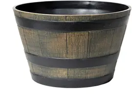 Mega Collections Barrel Planter Brown - Ø33 x H20.5 cm – Kunststof Bloempot/Plantenbak in Houtlook - afbeelding 1