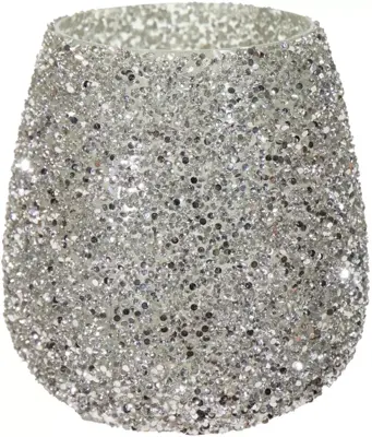 Mega Collections theelichthouder glas strass 9.5x9cm zilver