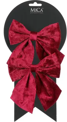 Mica Decorations fluwelen kerst ornament strik 12cm donker rood 2 stuks
