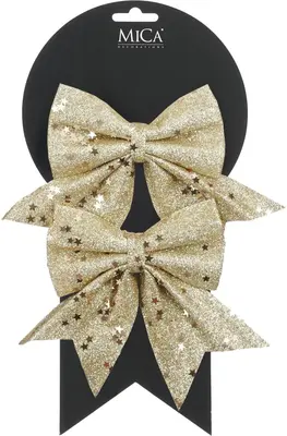Mica Decorations kunststof kerst ornament strik 12cm champagne 2 stuks