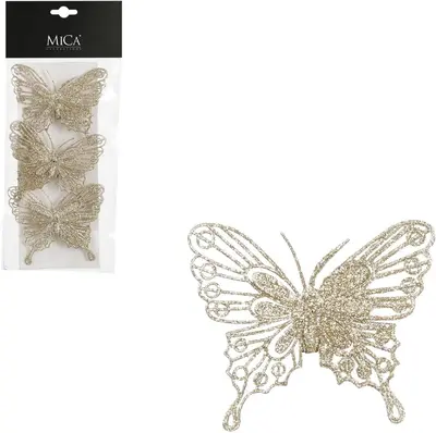 Mica Decorations kunststof kerst ornament vlinder 10cm champagne 3 stuks