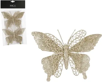 Mica Decorations kunststof kerst ornament vlinder 16cm champagne 2 stuks