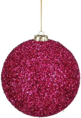 Mica Decorations kunststof kerstbal tinsel 15cm fuchsia