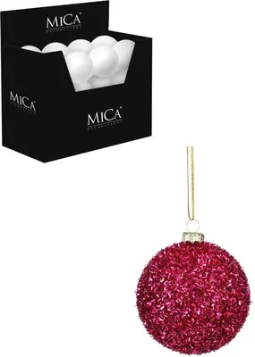 Mica Decorations kunststof kerstbal tinsel 8cm fuchsia