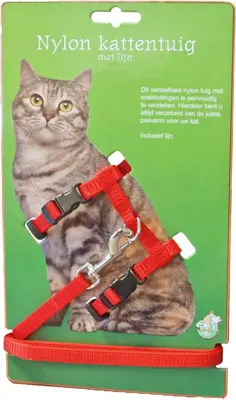 Nylon kattentuig met lijn, rood - afbeelding 1