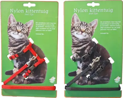 Nylon kittentuig met lijn, rood - afbeelding 2