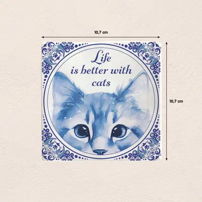 Plenty Gifts tegeltje keramiek life is better with cats 10x10cm blauw, wit - afbeelding 2