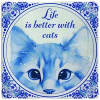 Plenty Gifts tegeltje keramiek life is better with cats 10x10cm blauw, wit - afbeelding 1