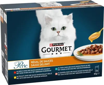 PURINA GOURMET Perle Sauce Delight, volledig nat diervoeder voor volwassen kattten, met tonijn in een saus met zeevruchtensmaak, 85g zakje - afbeelding 1