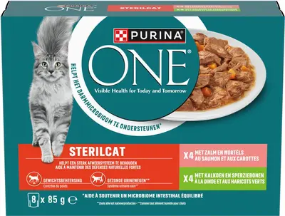PURINA ONE Sterilcat Fijne Malse Reepjes in Saus met Zalm, Kalkoen kattenvoer 8x85g - afbeelding 2
