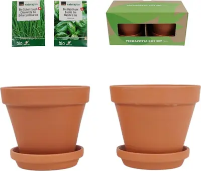 Terracotta Pot Set met Bieslook- en Basilicumzaden – 13,5 x 13,5 x 12,5 cm - afbeelding 1