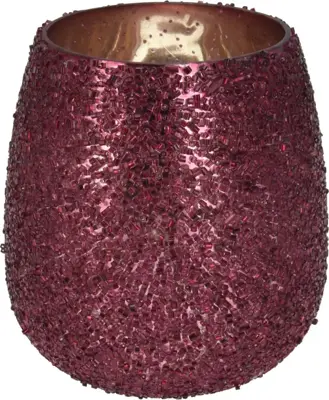 Theelichthouder glas kralen 8.5x10cm rood