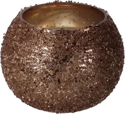 Theelichthouder glas kralen 8.5x8cm koper