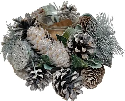 Theelichthouder kunststof dennenappel 18x8cm wit, groen