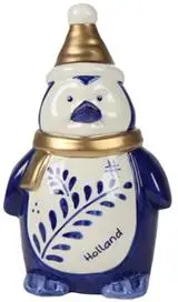 TS Collection kerstfiguur keramiek pinguïn muts 10x8x16cm blauw, wit