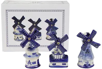 TS Collection ornament keramiek molen 3 stuks 4x4x8cm wit, blauw