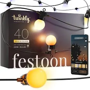 Twinkly Festoon app-gestuurd lichtsnoer met 40 AWW (amber warm wit koel wit) LED 20 meter zwarte kabel - afbeelding 3