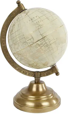 Van Manen ornament hout wereldbol op voet 12x23cm crème, goud