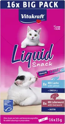 Vitakraft Liquid Snack Multipack - Kattensnack - Leverworst & Zalm 16x15 g - afbeelding 1