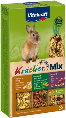 Vitakraft Trio Mix druif/noot-groente/biet-popcorn/honing-kräcker dwergkonijn, 3in1. (10)