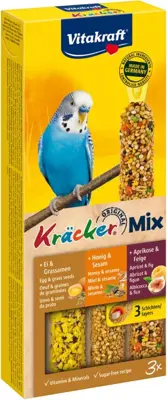 Vitakraft Trio Mix honing/sesam-ei/graszaad-appel/vijgkräcker parkiet, 3in1. (10)