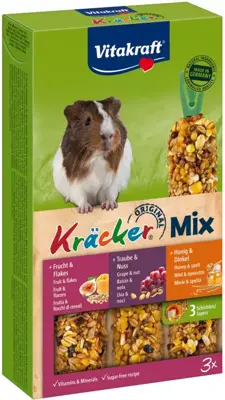 Vitakraft Trio Mix honing/spelt- fruit/flakes-druif/noot-kräcker cavia, 3in1. (10)