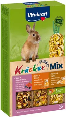 Vitakraft Trio Mix honing/spelt-popcorn/honing-bosbes/vlierbes-kräcker dwergkonijn, 3in1. (10)