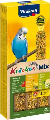 Vitakraft Trio Mix kruiden/paprika-sesam/banaan-kiwi/citruskräcker parkiet, 3in1. (10)