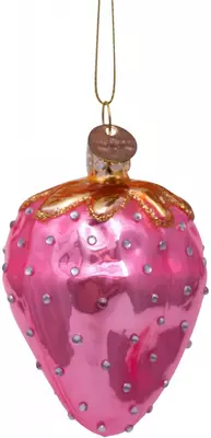 Vondels glazen kerstbal aardbei 8cm roze  - afbeelding 1