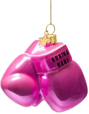 Vondels glazen kerstbal bokshandschoenen 'boxing babe' 8.5cm roze - afbeelding 3
