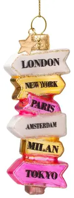Vondels glazen kerstbal bord met plaatsnamen 12cm multi - afbeelding 1