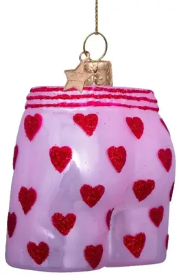 Vondels glazen kerstbal boxershort hartjes 7.5cm roze - afbeelding 4