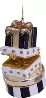 Vondels glazen kerstbal cadeautjes met opening 9cm zwart, wit - afbeelding 4