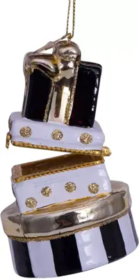 Vondels glazen kerstbal cadeautjes met opening 9cm zwart, wit - afbeelding 3