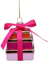 Vondels glazen kerstbal cadeautjes met strik 9.5cm roze - afbeelding 2