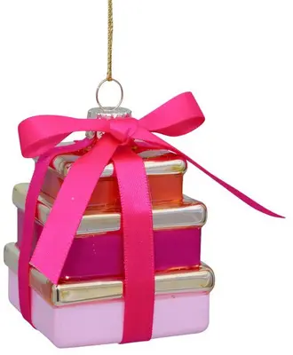 Vondels glazen kerstbal cadeautjes met strik 9.5cm roze - afbeelding 4