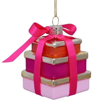Vondels glazen kerstbal cadeautjes met strik 9.5cm roze - afbeelding 1
