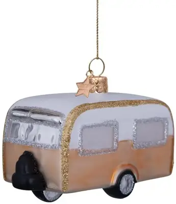 Vondels glazen kerstbal caravan 7cm goud, wit - afbeelding 5